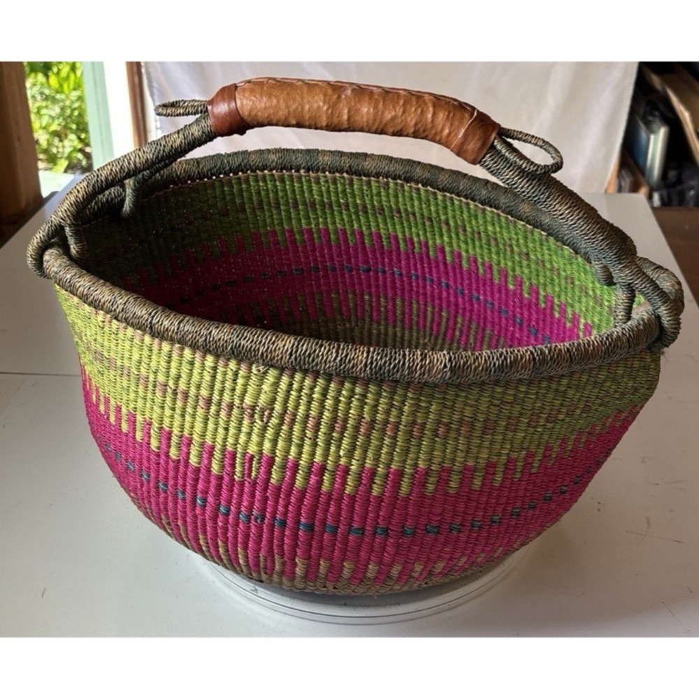 Woven African Bolga Ghana Market Basket X Large Leather Handle Pink Green